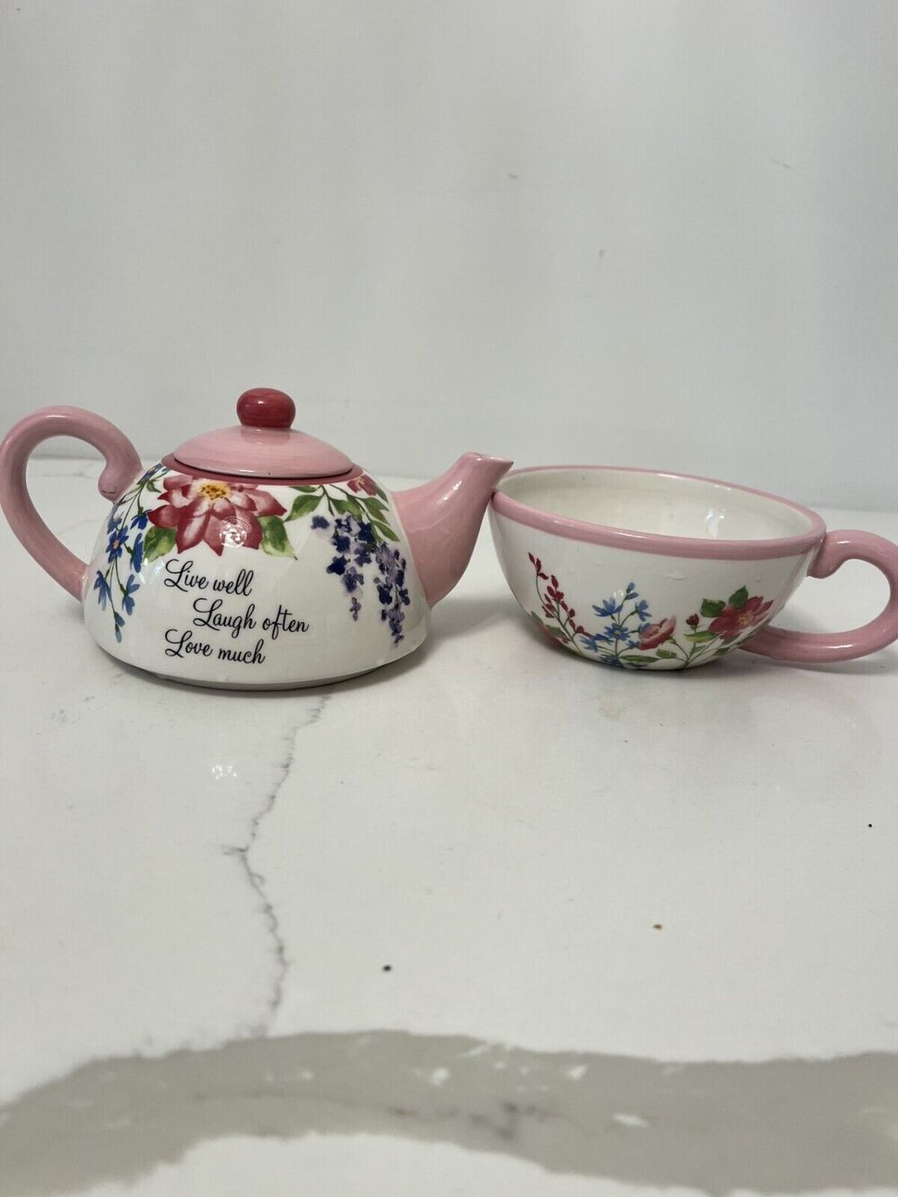 cottage Teapot & Cup Stacking "Live Well, Laugh Often, Love Much"Ganz Ceramic